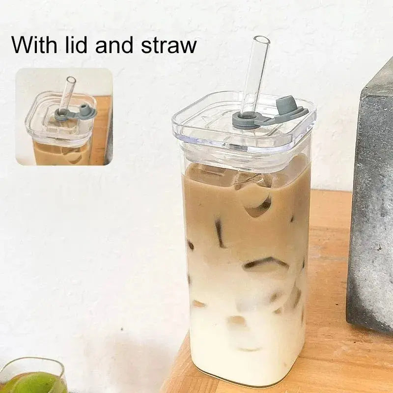1Pcs Square Heat Resistant Coffee Glass Cup With Lid and Straw Transparent Milk Tea Juice Cups Coffee Mug For Home Bar Drinkware upscaleclicks