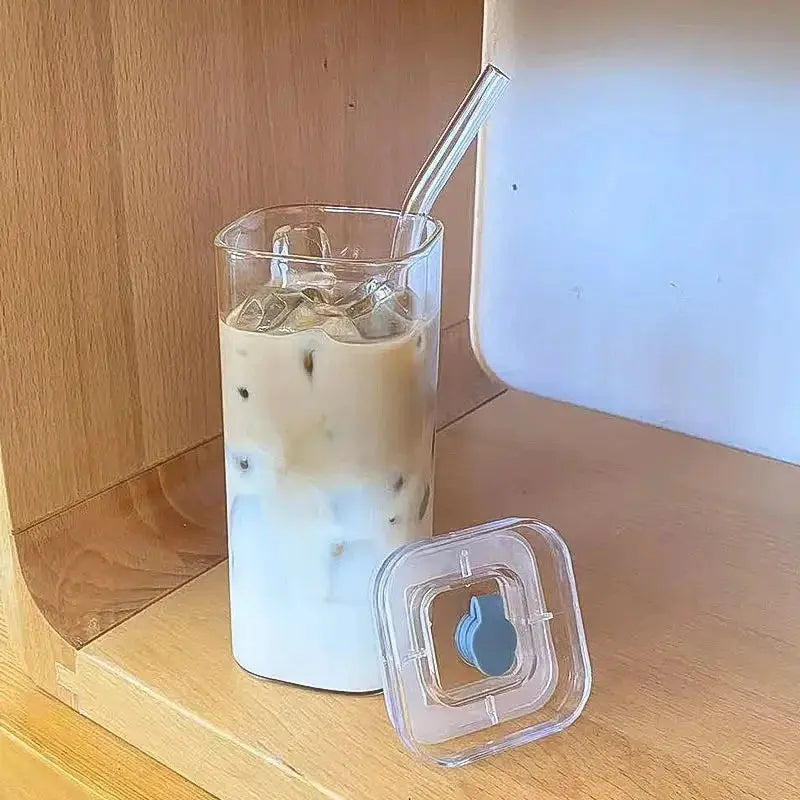1Pcs Square Heat Resistant Coffee Glass Cup With Lid and Straw Transparent Milk Tea Juice Cups Coffee Mug For Home Bar Drinkware upscaleclicks