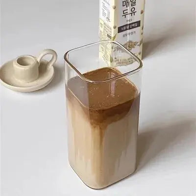 1Pcs Square Heat Resistant Coffee Glass Cup With Lid and Straw Transparent Milk Tea Juice Cups Coffee Mug For Home Bar Drinkware upscaleclicks