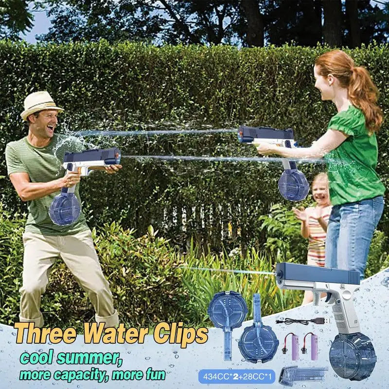 2Pcs Automatic Water Gun, Rechargeable Automatic Water Gun for Adults and Children, 32 Feet Long Range Water Gun, Beach Pool Outdoor Toy Gift, 3 Super Capacity Water Gun Magazines, Blue