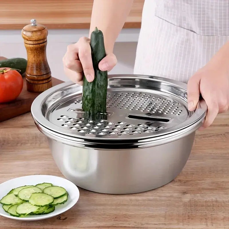3-Piece Stainless Steel Multifunctional Strainer, and Mixing Bowl for Washing and Slicing Fruits, Vegetables upscaleclicks