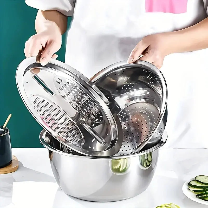 3-Piece Stainless Steel Multifunctional Strainer, and Mixing Bowl for Washing and Slicing Fruits, Vegetables upscaleclicks