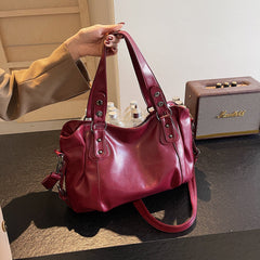 Casual Retro Solid Color PU Large Capacity Shoulder Bag