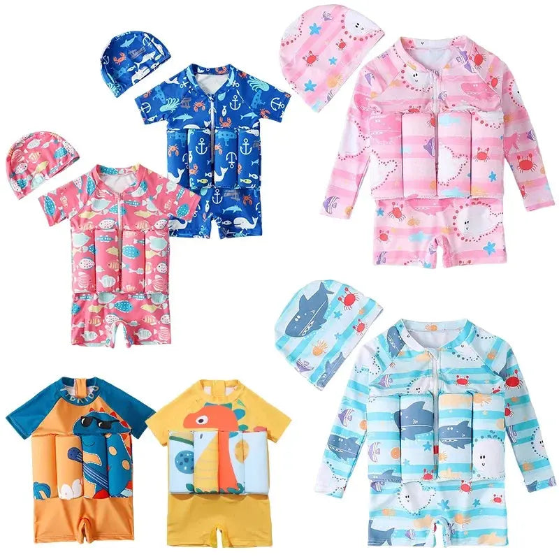 Children's Buoyancy Swimsuit One-piece Swimsuit for Kids Floating Rash Guards Cartoon Print Girls Boys Swimwear Swimming Clothes upscaleclicks