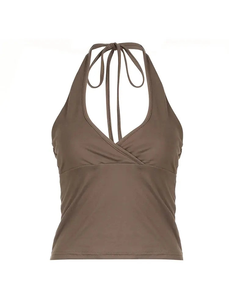Cross Tie Halter V Neck Crop Top Women Solid Basic Casual Slim Backless Sexy Tank Vest upscaleclicks
