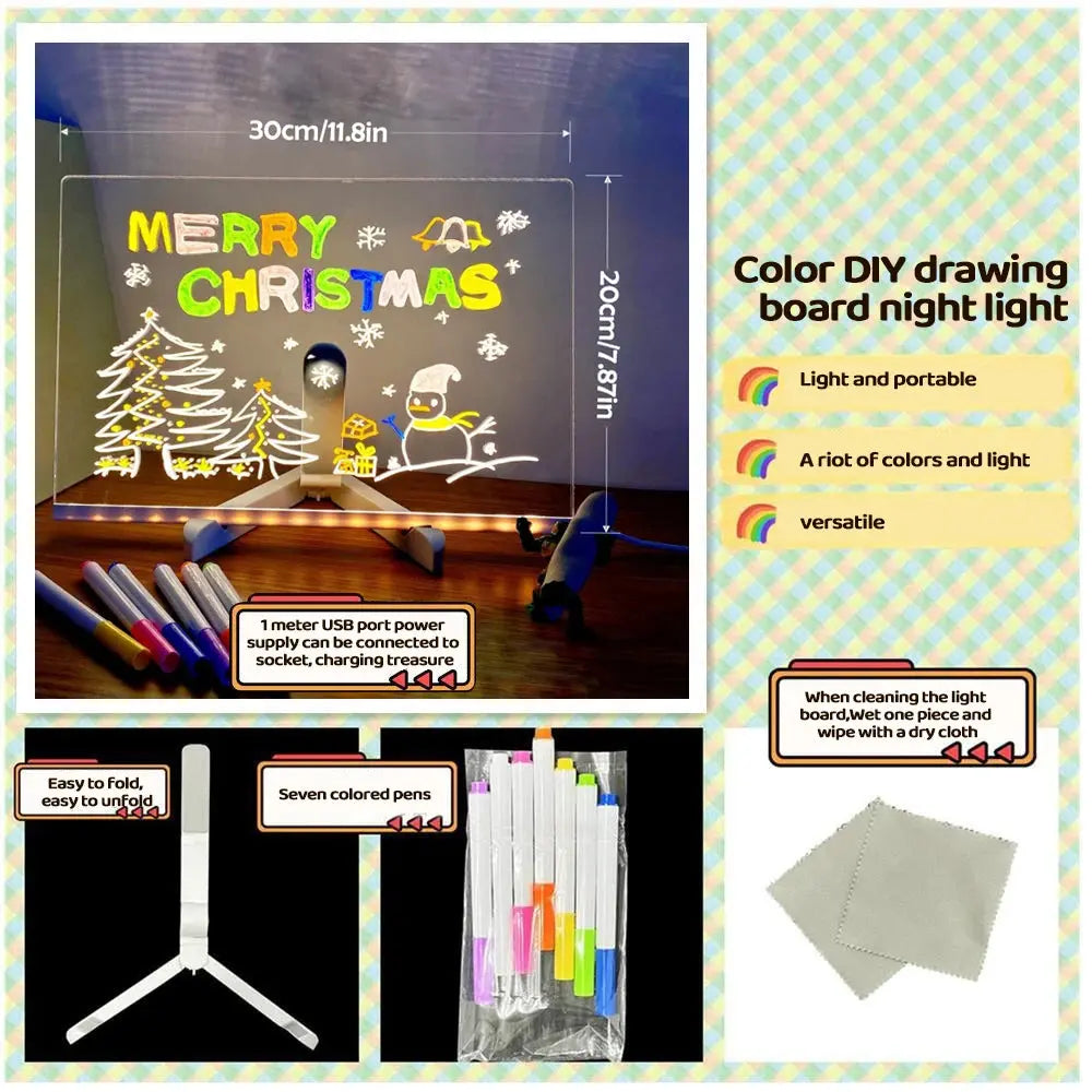 LED Note Board With Night Light Colorful 7 Pens DIY Acrylic Message Board Children‘s Drawing Board For Kids Birthday Gift upscaleclicks