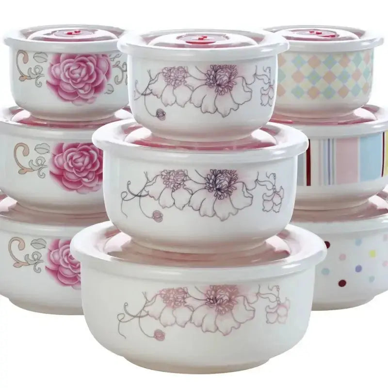 Microwave heating bowl set Ceramic bowl with lid large fresh-keeping bowl Household sealed box Three-piece set with rice upscaleclicks