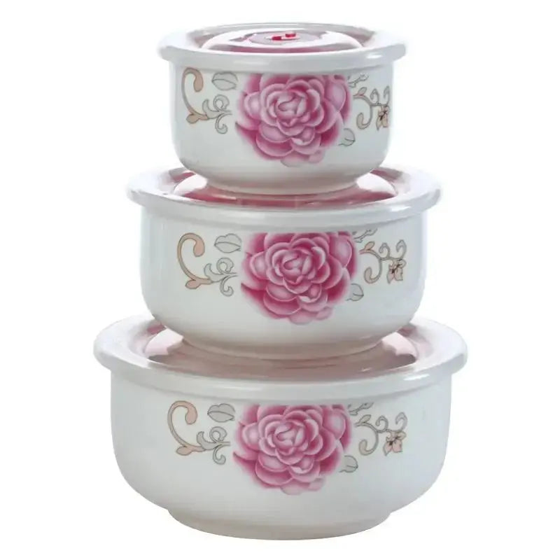 Microwave heating bowl set Ceramic bowl with lid large fresh-keeping bowl Household sealed box Three-piece set with rice upscaleclicks