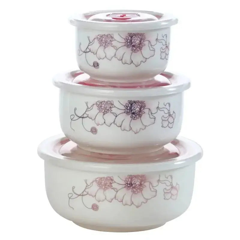 Microwave heating bowl set Ceramic bowl with lid large fresh-keeping bowl Household sealed box Three-piece set with rice upscaleclicks