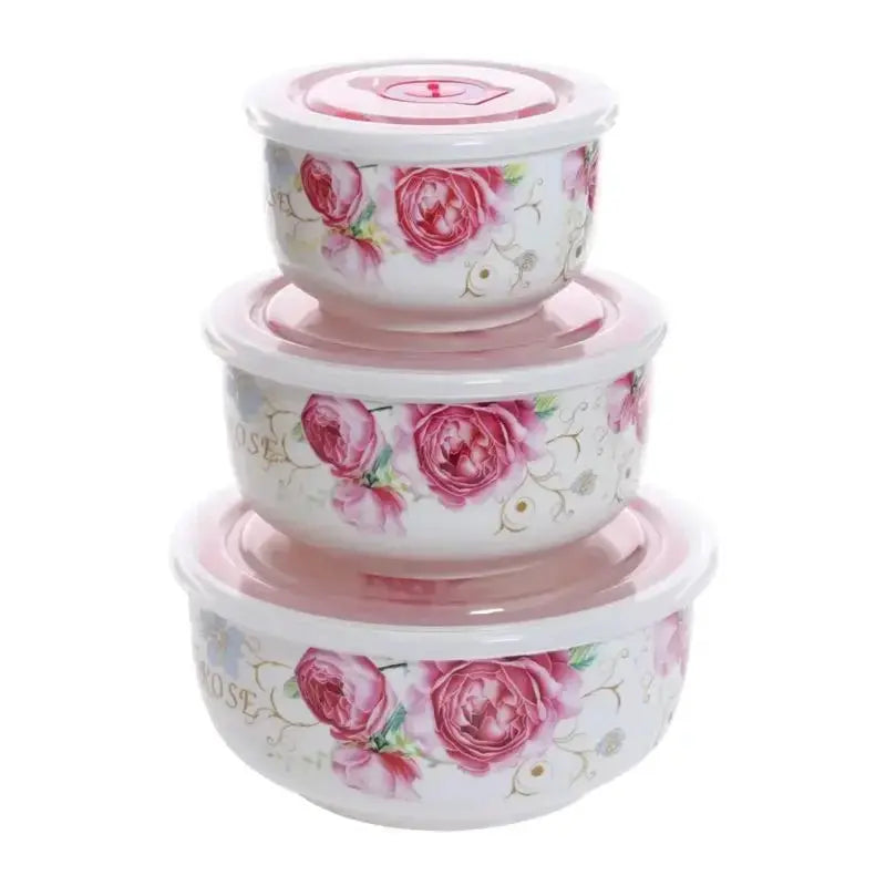 Microwave heating bowl set Ceramic bowl with lid large fresh-keeping bowl Household sealed box Three-piece set with rice upscaleclicks