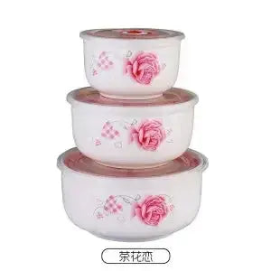 Microwave heating bowl set Ceramic bowl with lid large fresh-keeping bowl Household sealed box Three-piece set with rice upscaleclicks
