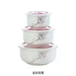 Microwave heating bowl set Ceramic bowl with lid large fresh-keeping bowl Household sealed box Three-piece set with rice upscaleclicks
