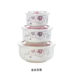 Microwave heating bowl set Ceramic bowl with lid large fresh-keeping bowl Household sealed box Three-piece set with rice upscaleclicks