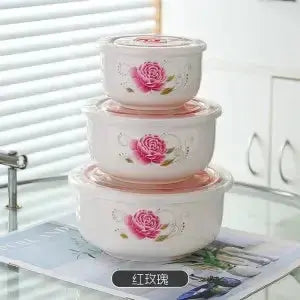 Microwave heating bowl set Ceramic bowl with lid large fresh-keeping bowl Household sealed box Three-piece set with rice upscaleclicks