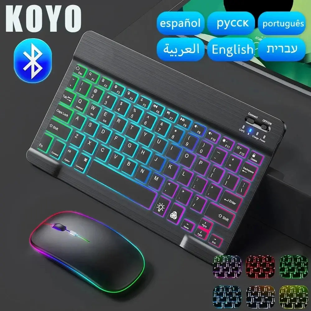 Mini Backlit RGB 10inch Bluetooth Keyboard Wireless mouse Rechargeable for Spanish Russian Hebrew Korean French Arabic Portugal upscaleclicks