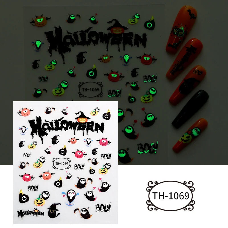 2pcs Halloween Luminous night Dark Style Ghost Skull Cat blood palm 3D Self Adhesive Nail Art Sticker DIY Manicure