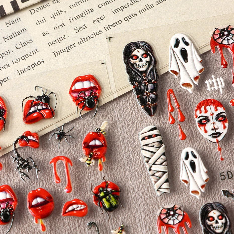 2pcs Halloween Ghost Mummy Blood Nail Stickers Pumpkin Spider Web Lips Bee Design 3D Slider Nail Art Decoration Decals Manicure