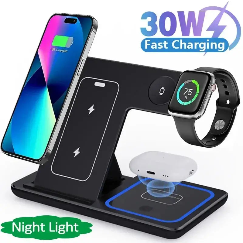 Soporte de cargador inalámbrico rápido con LED, estación de carga plegable 3 en 1 de para iPhone 15, 14, 13, 12, 11, Apple Watch upscaleclicks