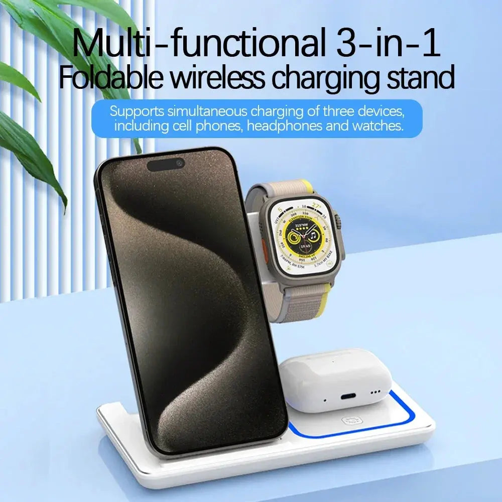 Soporte de cargador inalámbrico rápido con LED, estación de carga plegable 3 en 1 de para iPhone 15, 14, 13, 12, 11, Apple Watch upscaleclicks