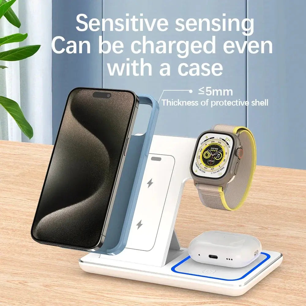 Soporte de cargador inalámbrico rápido con LED, estación de carga plegable 3 en 1 de para iPhone 15, 14, 13, 12, 11, Apple Watch upscaleclicks