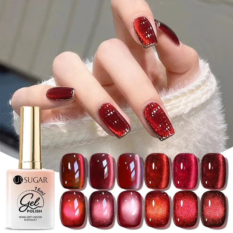UR SUGAR 15ml 6 Colors Shine Red Winter Christmas Cat Magnetic Gel Nail Polish Sparkling Glitter Semi Permanent Soak Off UV Gel upscaleclicks