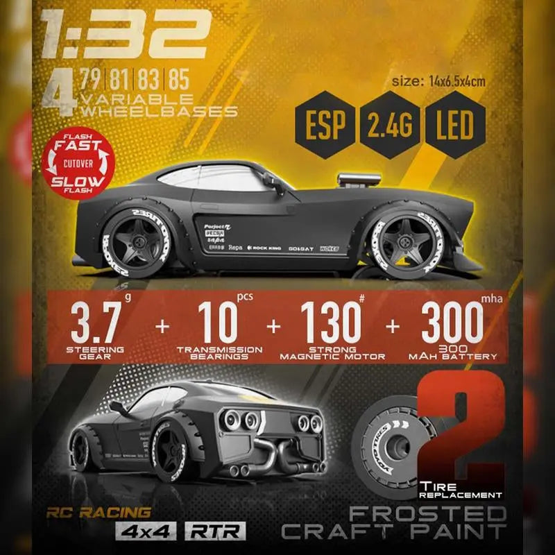 WOWOBONTOY KM3299 1/32 Mini RC Drift Car with Gyro and LED Headlights, 2.4G 4WD Full-Proportion RC Electric Mini Racing Drift Car Model for Boys and Girls