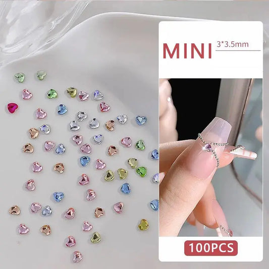 100PCS Mini Love Heart Diamond Nail Decoration Super Sparkling Flat Bottom Diamond Colorful Small Peach Heart Explosion Spark upscaleclicks
