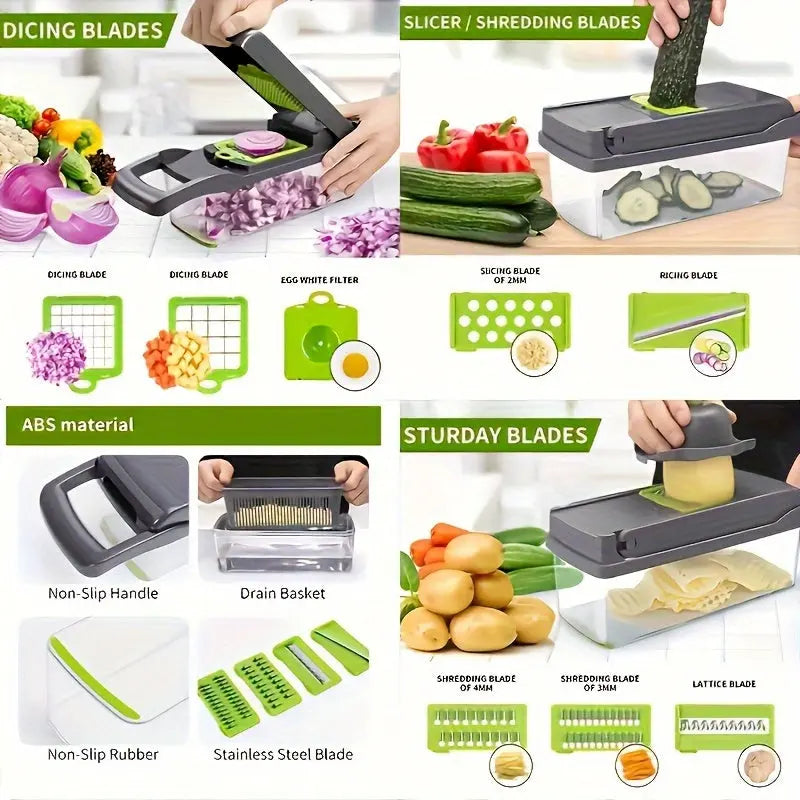15pcs multifunctional vegetable chopper-stainless steel blade, handle food grinder, vegetable slicer, and onion chopper- suitable for french fries, large capacity slicers, and shredders-perfect for daily kitchen use-an excell upscaleclicks