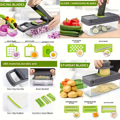 15pcs multifunctional vegetable chopper-stainless steel blade, handle food grinder, vegetable slicer, and onion chopper- suitable for french fries, large capacity slicers, and shredders-perfect for daily kitchen use-an excell upscaleclicks