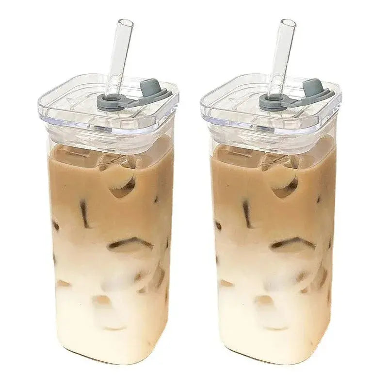1Pcs Square Heat Resistant Coffee Glass Cup With Lid and Straw Transparent Milk Tea Juice Cups Coffee Mug For Home Bar Drinkware upscaleclicks
