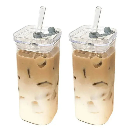 1Pcs Square Heat Resistant Coffee Glass Cup With Lid and Straw Transparent Milk Tea Juice Cups Coffee Mug For Home Bar Drinkware upscaleclicks