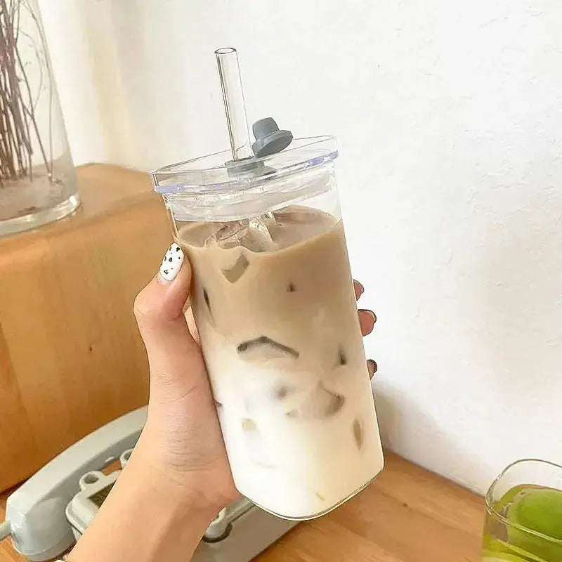 1Pcs Square Heat Resistant Coffee Glass Cup With Lid and Straw Transparent Milk Tea Juice Cups Coffee Mug For Home Bar Drinkware upscaleclicks