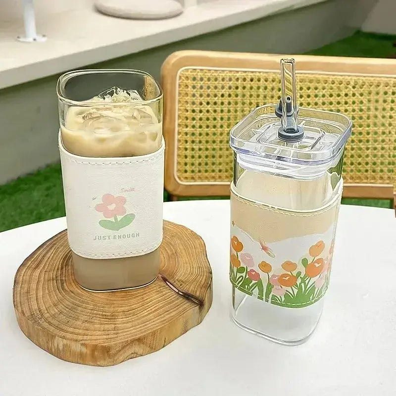 1Pcs Square Heat Resistant Coffee Glass Cup With Lid and Straw Transparent Milk Tea Juice Cups Coffee Mug For Home Bar Drinkware upscaleclicks