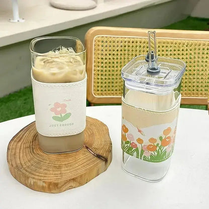 1Pcs Square Heat Resistant Coffee Glass Cup With Lid and Straw Transparent Milk Tea Juice Cups Coffee Mug For Home Bar Drinkware upscaleclicks