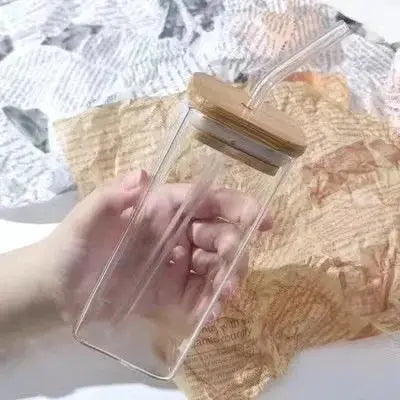 1Pcs Square Heat Resistant Coffee Glass Cup With Lid and Straw Transparent Milk Tea Juice Cups Coffee Mug For Home Bar Drinkware upscaleclicks