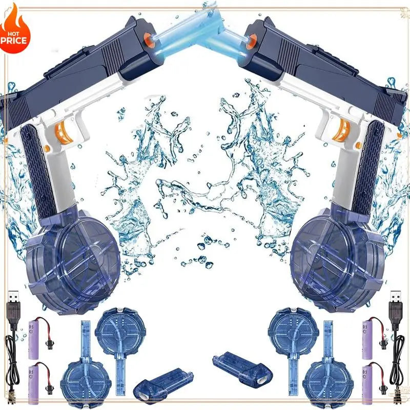 2Pcs Automatic Water Gun, Rechargeable Automatic Water Gun for Adults and Children, 32 Feet Long Range Water Gun, Beach Pool Outdoor Toy Gift, 3 Super Capacity Water Gun Magazines, Blue