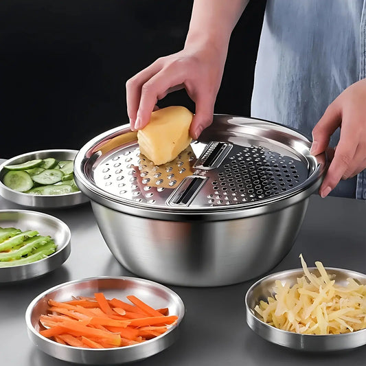 3-Piece Stainless Steel Multifunctional Strainer, and Mixing Bowl for Washing and Slicing Fruits, Vegetables upscaleclicks