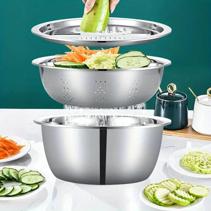 3-Piece Stainless Steel Multifunctional Strainer, and Mixing Bowl for Washing and Slicing Fruits, Vegetables upscaleclicks