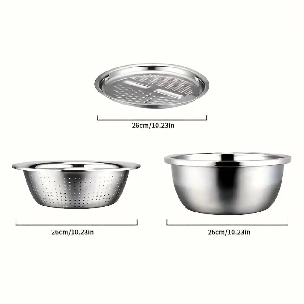 3-Piece Stainless Steel Multifunctional Strainer, and Mixing Bowl for Washing and Slicing Fruits, Vegetables upscaleclicks