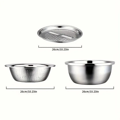 3-Piece Stainless Steel Multifunctional Strainer, and Mixing Bowl for Washing and Slicing Fruits, Vegetables upscaleclicks