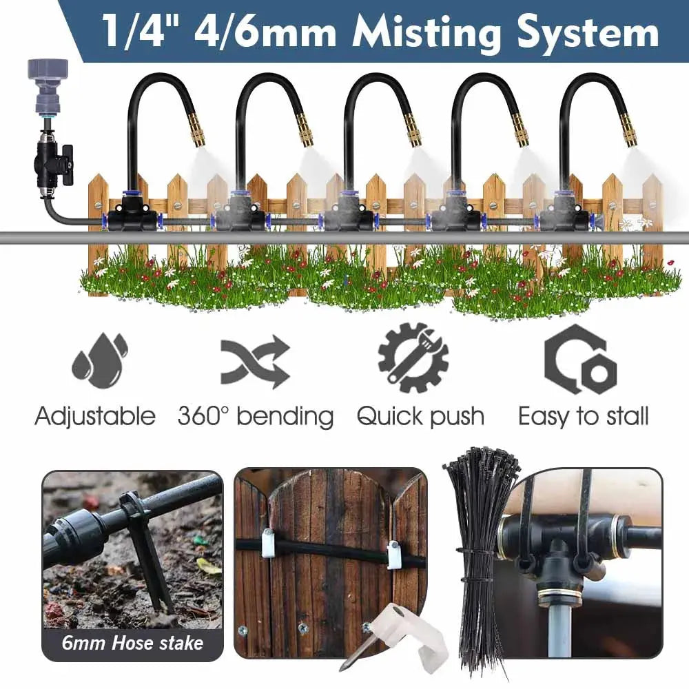 30-5m 1/4" 4/6mm Misting Cooling System 360° Free-bend Adjustable Nozzle Atomizer Sprayer for Outdoor Garden Irrigation Watering upscaleclicks