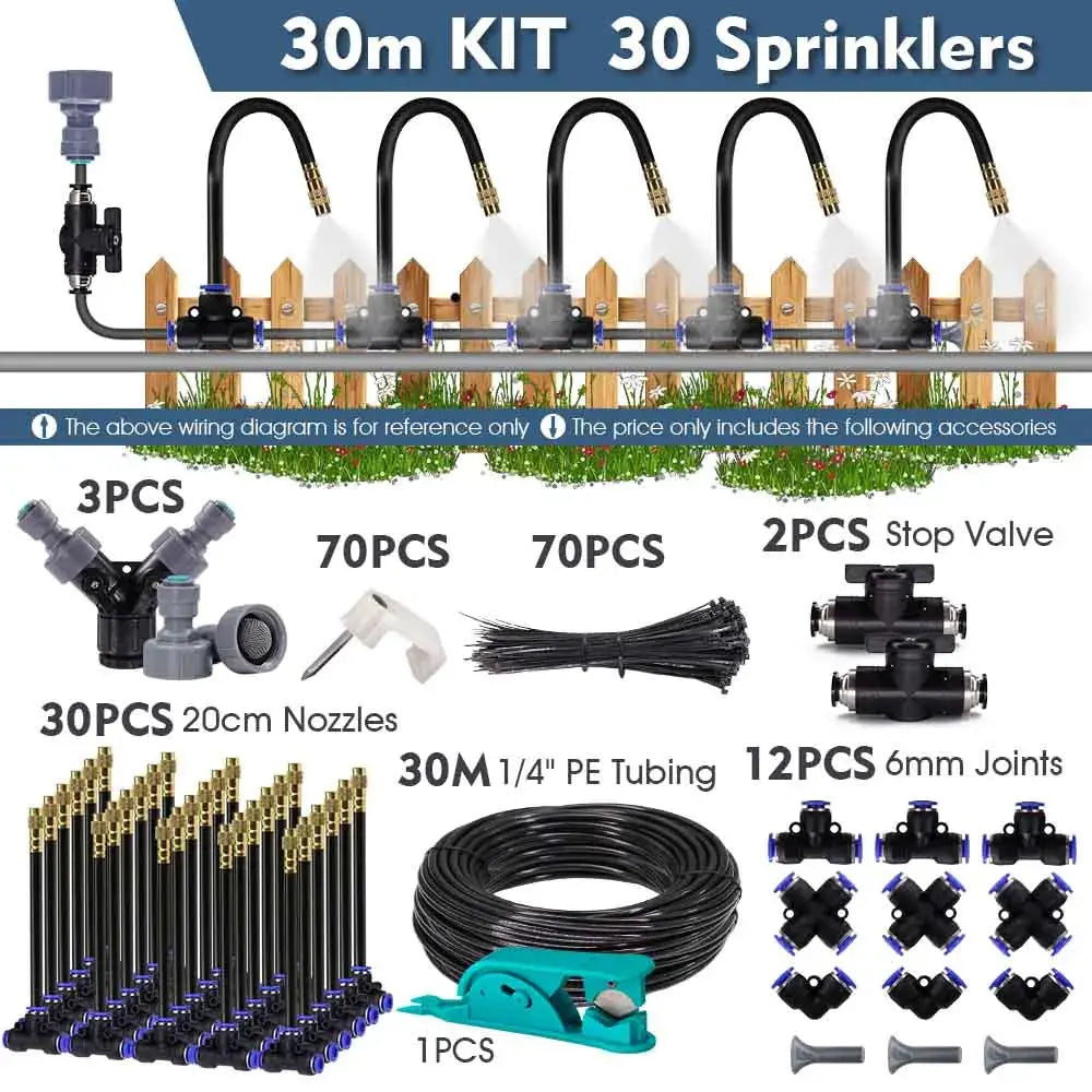 30-5m 1/4" 4/6mm Misting Cooling System 360° Free-bend Adjustable Nozzle Atomizer Sprayer for Outdoor Garden Irrigation Watering upscaleclicks