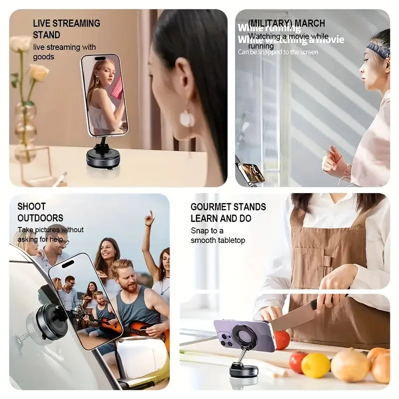 360° Rotating Magnetic Phone Holder, Foldable and Extendable, Suitable for iPhone 16/15/14/12, ABS Material, Not Waterproof, Multi-Scene Use in Shower/Gym/Smooth Surfaces, One Piece, Black, Equipped with Back Magnet Ring upscaleclicks
