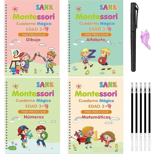 4 Books Magic Writing Book in Spanish Calligraphy Notebook Montessori Kids Reusable Educational Calligraphic Letter Practice Toy