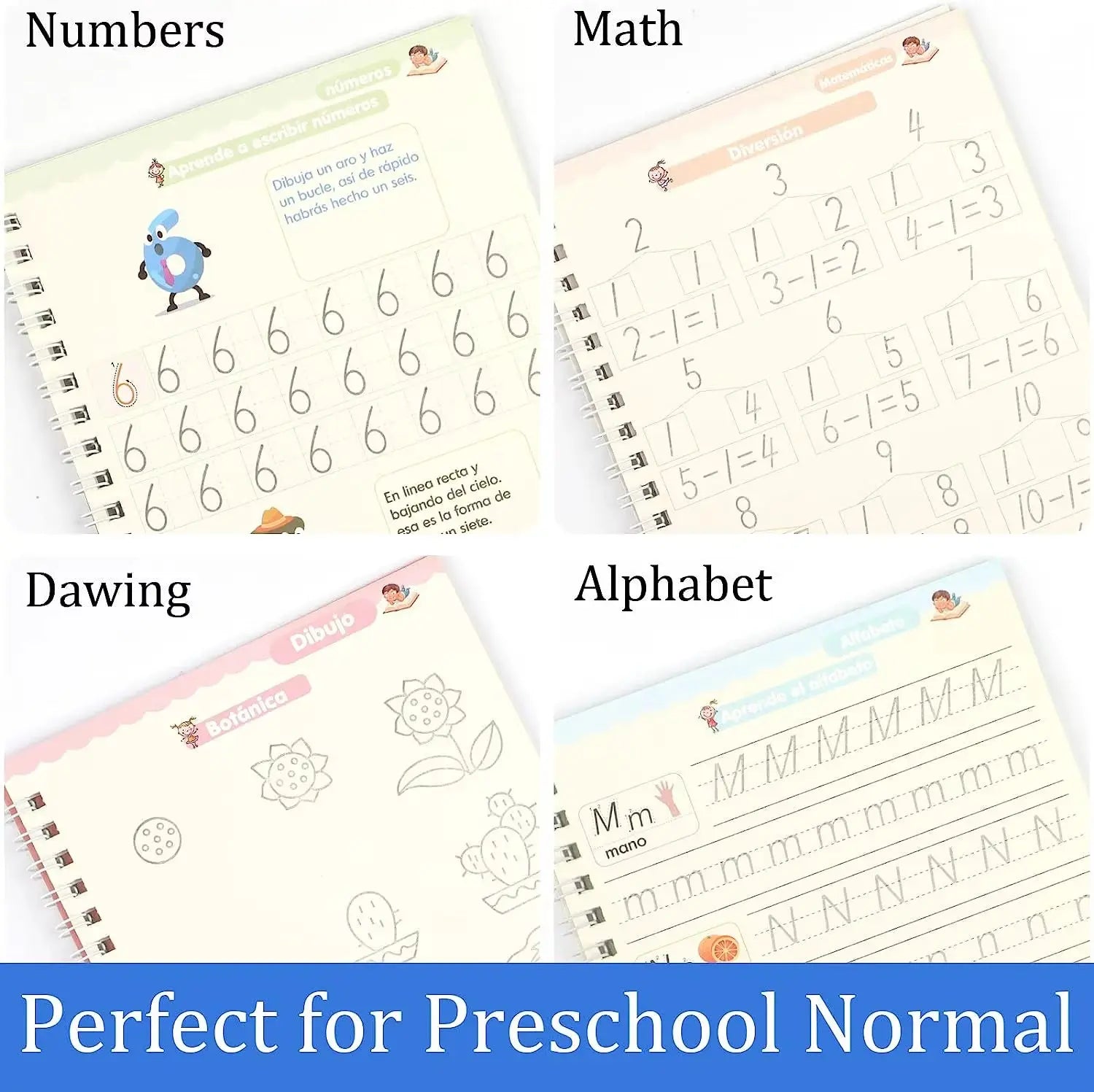 4 Books Magic Writing Book in Spanish Calligraphy Notebook Montessori Kids Reusable Educational Calligraphic Letter Practice Toy
