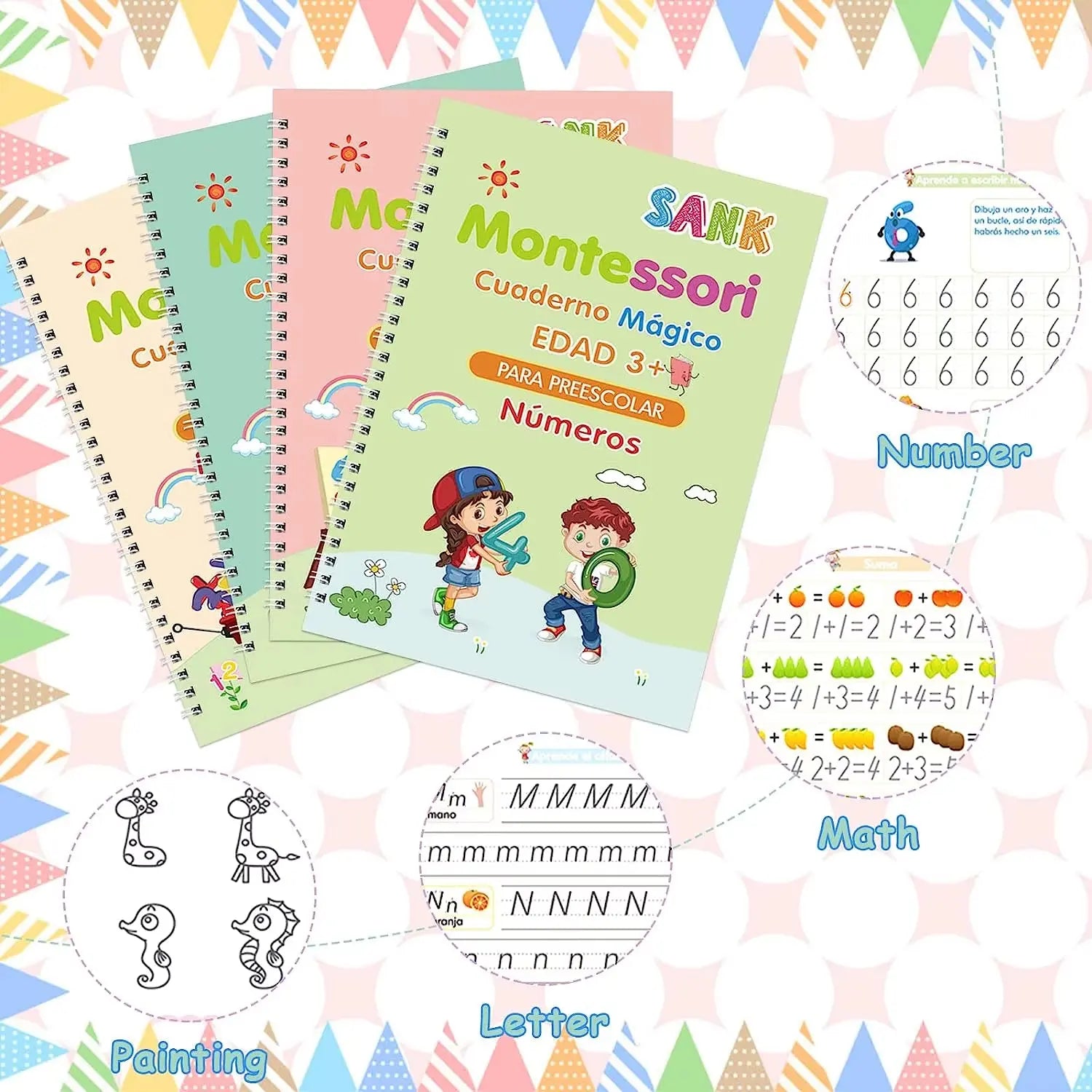 4 Books Magic Writing Book in Spanish Calligraphy Notebook Montessori Kids Reusable Educational Calligraphic Letter Practice Toy
