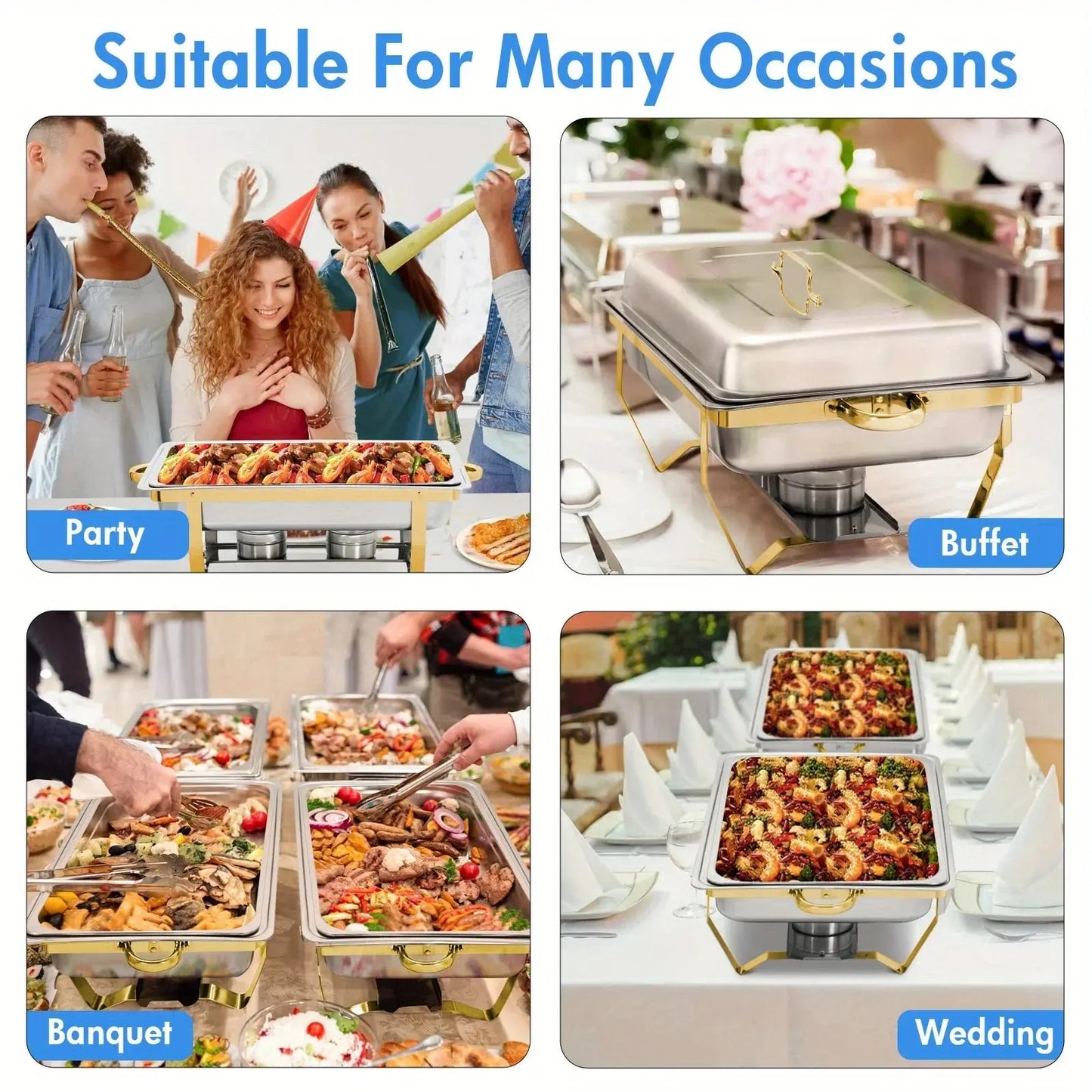 4 Pack 8QT Chafing Dish Buffet Set Stainless Steel Food Warmer Chafer Complete  Chafing Fuel Holder for Party Catering, upscaleclicks