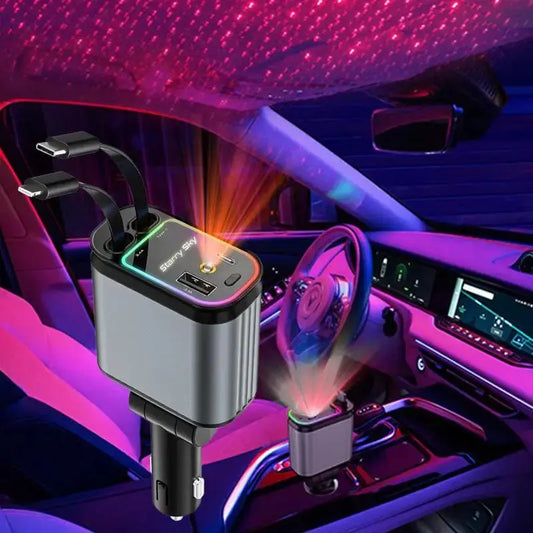 4 in 1 Car Charger with Starry Sky SpotlightRetractable Car Charger with Charging Cable & 2Charging Ports, Universal Car Charger upscaleclicks
