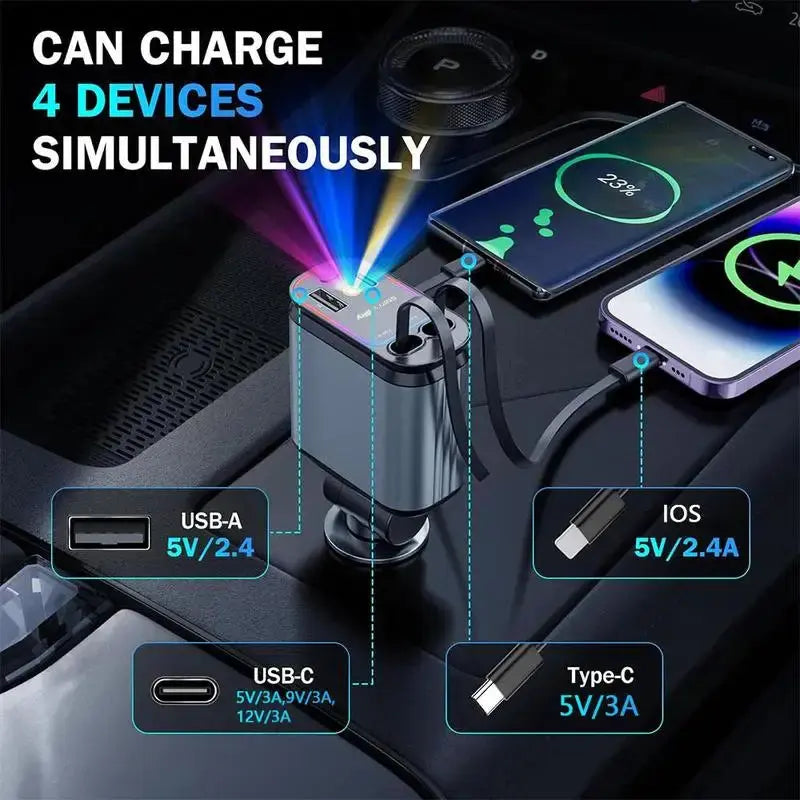 4 in 1 Car Charger with Starry Sky SpotlightRetractable Car Charger with Charging Cable & 2Charging Ports, Universal Car Charger upscaleclicks