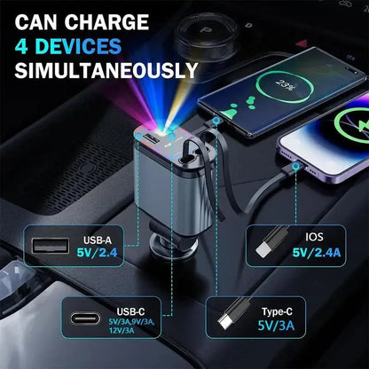 4 in 1 Car Charger with Starry Sky SpotlightRetractable Car Charger with Charging Cable & 2Charging Ports, Universal Car Charger upscaleclicks